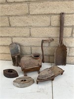 3 Sad Irons, Antique Grinder, Scoop, Coal Shovel