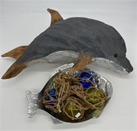 Wood Carved Dolphin Statue & Glass Net Float Balls