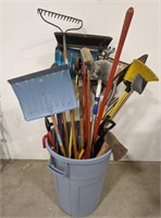 Misc lot of hand tools in plastic trash can