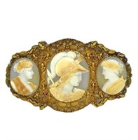 Large 14K Gold Triple Cameo Antique Pin.