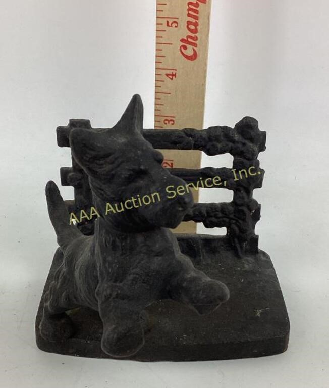 Cast Iron Scottie Dog Jumping by Fence, see