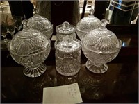 2 cut glass candy dishes and biscuit jars