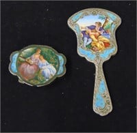 Silver-Enameled Pill Box and Hand Held Mirror.