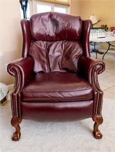Burgundy Wingback Leather Upholstered Queen Anne