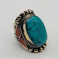 SZ 9 TURQUOISE & CORAL RING SILVER OVER BRASS