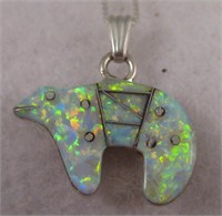Native American S/S Opal Inlay Bear Necklace