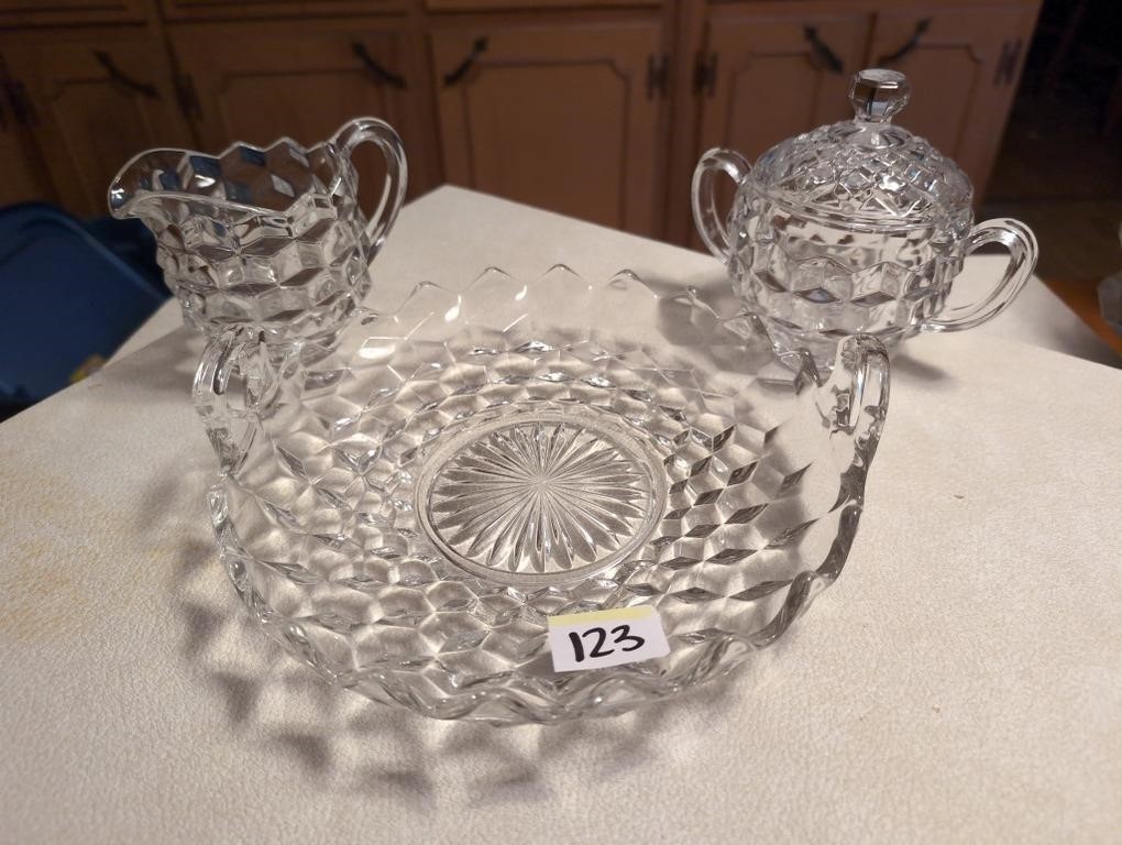 Fostoria sugar, creamer, server glassware