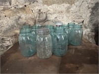 COLLECTION OF BLUE GLASS MASON CANNING JARS