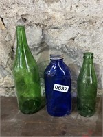 (3) COLORED GLASS BOTTLES