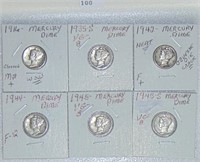 6 Mercury Dimes: 1916 (Nice), 1935-S, 42, 44, 45,