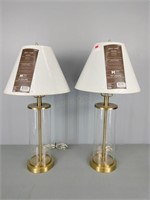 Pair Of Glass Cylindar Lamps W/ Brass Accents