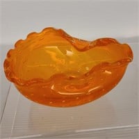 MCM Orange Ruffled Art Glass Ashtray w/ Bubbles