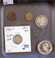 1884, 1891-O dimes, 15-D quarter, 26-S dime