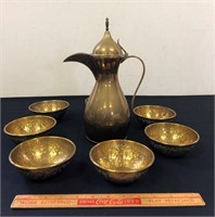 ORNATE BRASS PITCHER AND BOWLS