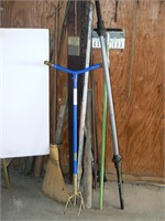 Long handles with garden weasel, barbell, broom,