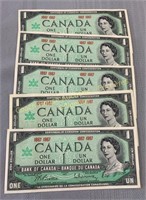 (5) 1967 Canada Centennial 1 dollar notes