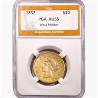 1852 $10 Gold Eagle PGA AU55 Wass Molitar