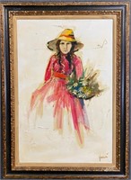 Portrait Girl Red Dress, Yellow Hat And Flowers