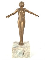 Painted Metal Statuette Nude on Marble Base 9.5" H