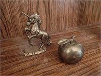 Brass Unicorn & Apple Figurines