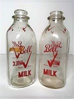 Two Vintage Bell Quart Milk Bottles