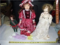 3 Assorted Porcelain Dolls & Beanie Baby
