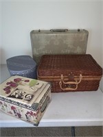 Picnic basket, suitcase, storage boxes