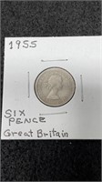 1955 Queen Elizabeth II Great Britain Six Pence