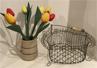 Wooden Tulips and Heart-Shaped Wire Basket