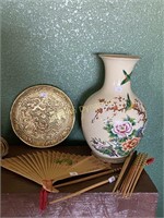 Hand Painted Vase, Decor, Bamboo Fan & Chop Sticks