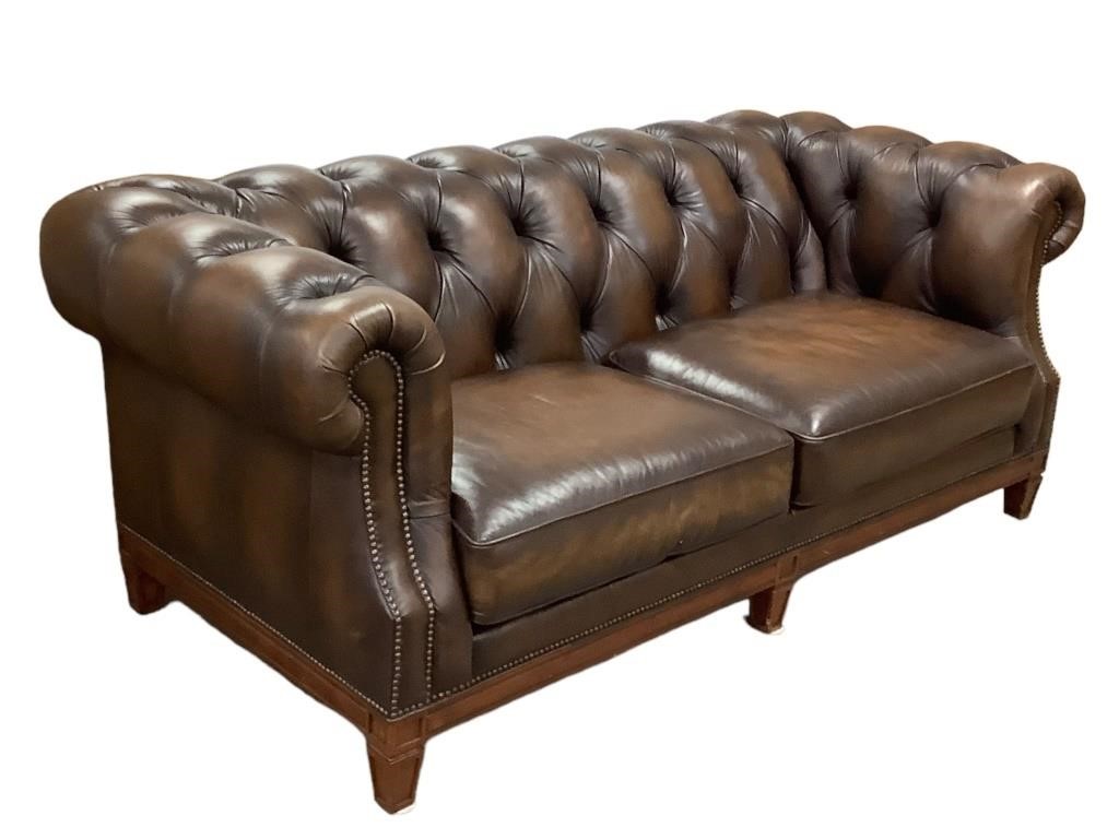 Tufted Leather Flexsteel Club Sofa w Wood Base