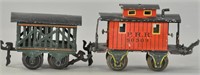 MARKLIN O GAUGE CABOOSE AND CATTLE CAR.