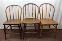 3 Antique Oak Spindle Back Farm Chairs