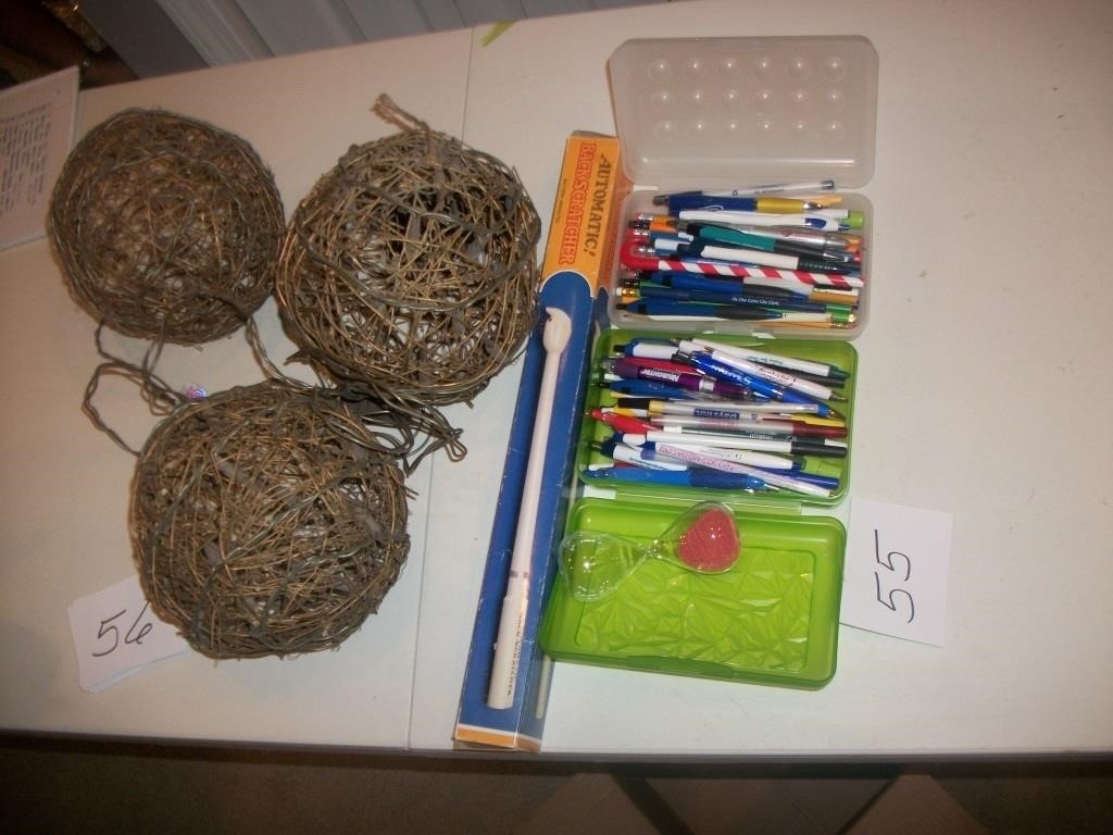 MISC LOT WICKER BALLS,  PENS, PENCILS, ETC