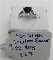 925 Silver Trillion Cut Garnet & CZ Ring SZ 8