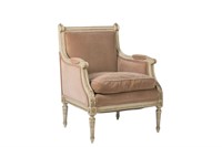 FRENCH UPHOLSTERED CARVED WOOD FRAMED ARMCHAIR