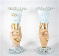 Pr. of Blown Victorian Hand w/ Cornucopia Vases