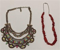 (W) Red Coral Necklace and Pastel Collar Gemstone