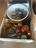 Enamel bowl, copper measuring cups, and other