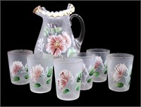 7pc Vntg Handpainted Frosted Pitcher & Glasses Set