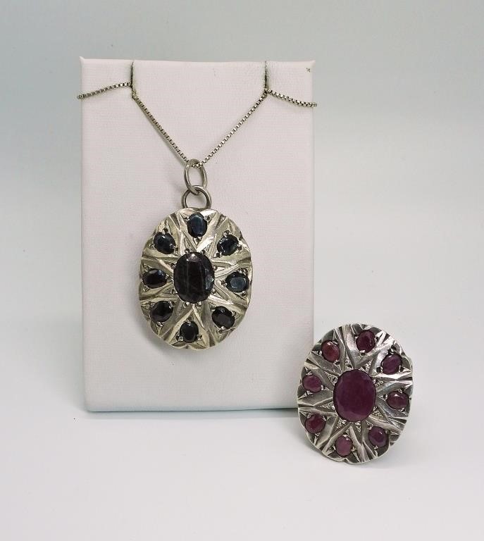 NATURAL RUBY & SAPPHIRE SET-STERLING