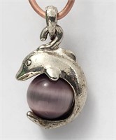 Silver Dolphin with Purple Bead Pendant VTG