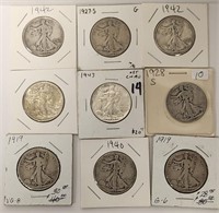 279 - LOT OF 9 US SILVER HALF DOLLARS (134)