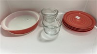 Pyrex dish,(4) Swirl plates, (2) small pitchers