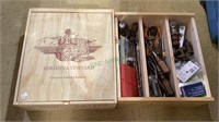 Two wooden wine boxes full of tools. Many of the