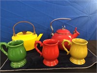 2 Enamel Tea Kettles and 3 Italian Cups