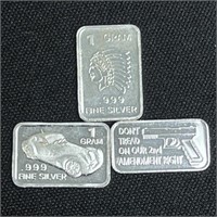 (3)- 1 gram Fine Silver Art Bars - Assorted