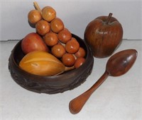 Vintage Carved Wooden Bowl of Fruit
