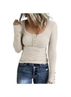 Ladie's Long Sleeve Henley Top Cream SIZE M * SEE