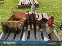 Assorted oil bottles & tops, tins etc